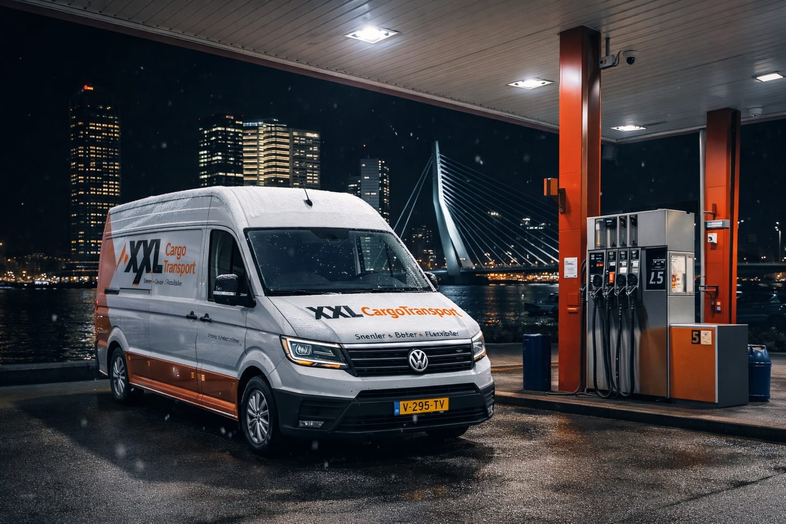 XXL Cargo bestelwagen bij de skyline van Rotterdam voor B2B transport